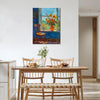 wall art painting in the dinning room shows flowers by the window and the beautiful scenery outside the window