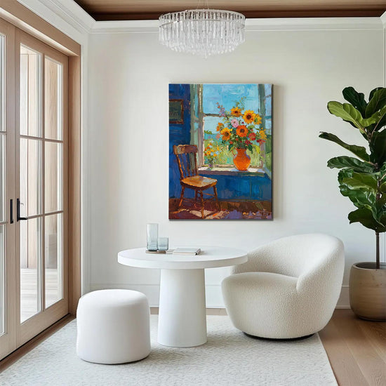 wall art painting in the living room shows flowers by the window and the beautiful scenery outside the window