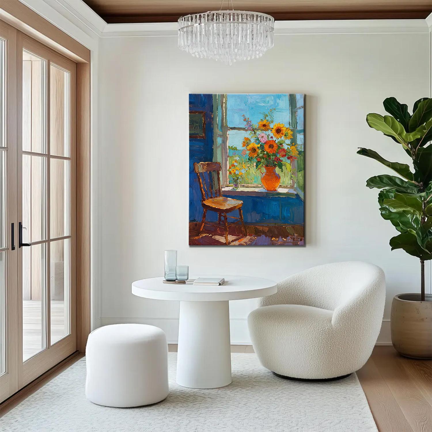 wall art painting in the living room shows flowers by the window and the beautiful scenery outside the window