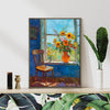 coffee frame wall art painting shows flowers by the window and the beautiful scenery outside the window