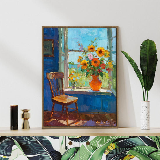light oak color frame wall art painting shows flowers by the window and the beautiful scenery outside the window