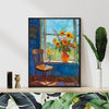 black frame wall art painting shows flowers by the window and the beautiful scenery outside the window