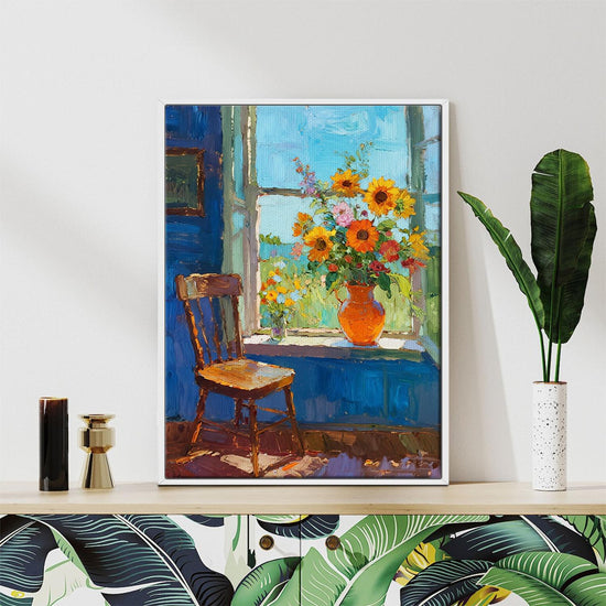 white frame wall art painting shows flowers by the window and the beautiful scenery outside the window