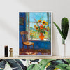 white frame wall art painting shows flowers by the window and the beautiful scenery outside the window