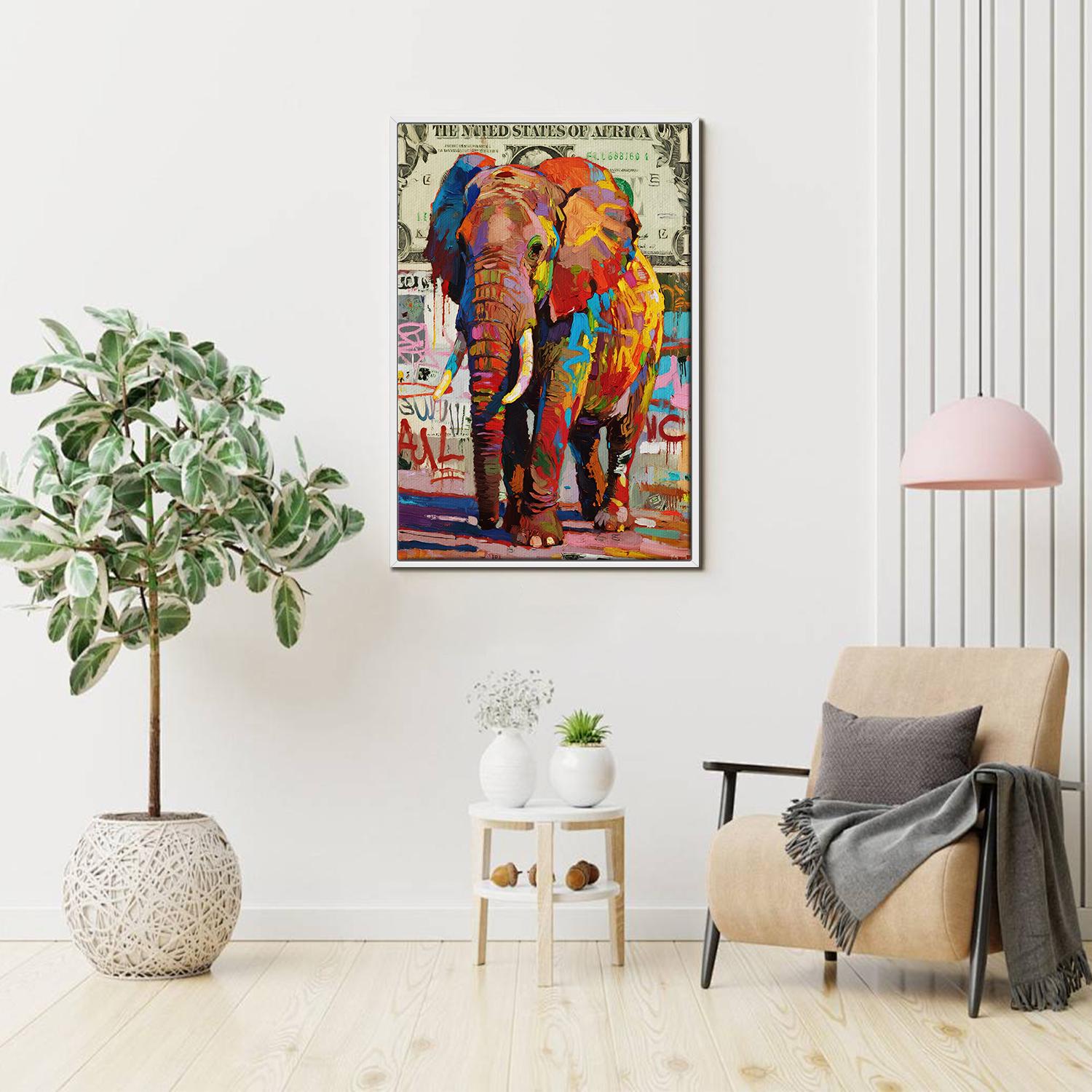 white frame wall art canvas graffiti art elephant hang on the wall