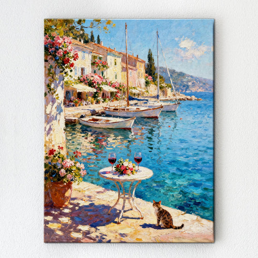 wall art canvas painting showing a sunny seaside town with a table of red wine and flowers on the pier and a cat.