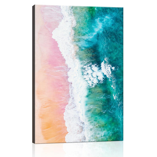 wall art canvas depicts pink sand beach and white waves