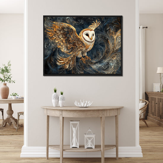 wall art print flying owl black frame living room decor