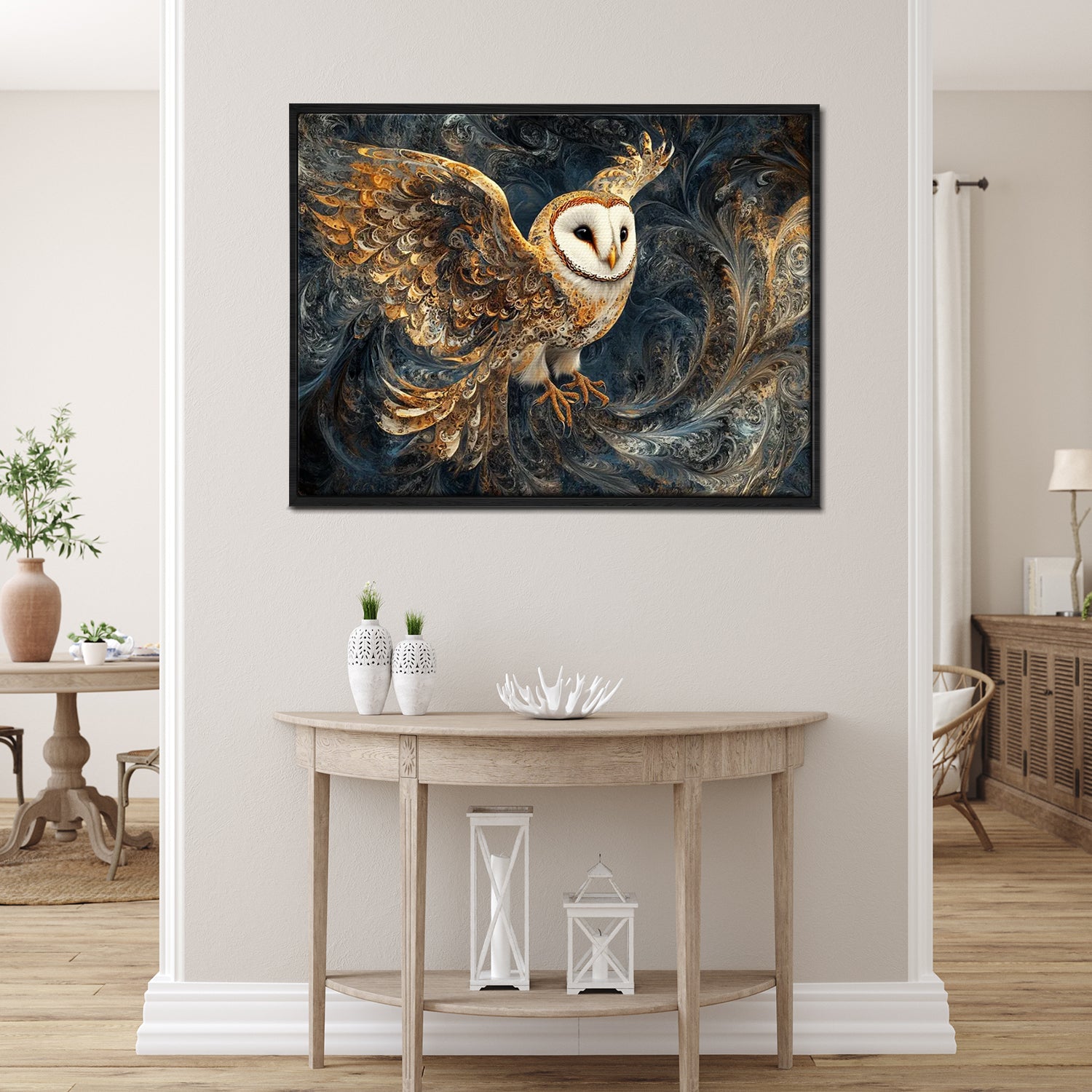 wall art print flying owl black frame living room decor
