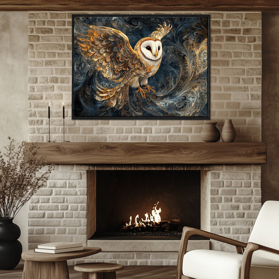 wall art print flying owl black frame Fireplace decorative painting
