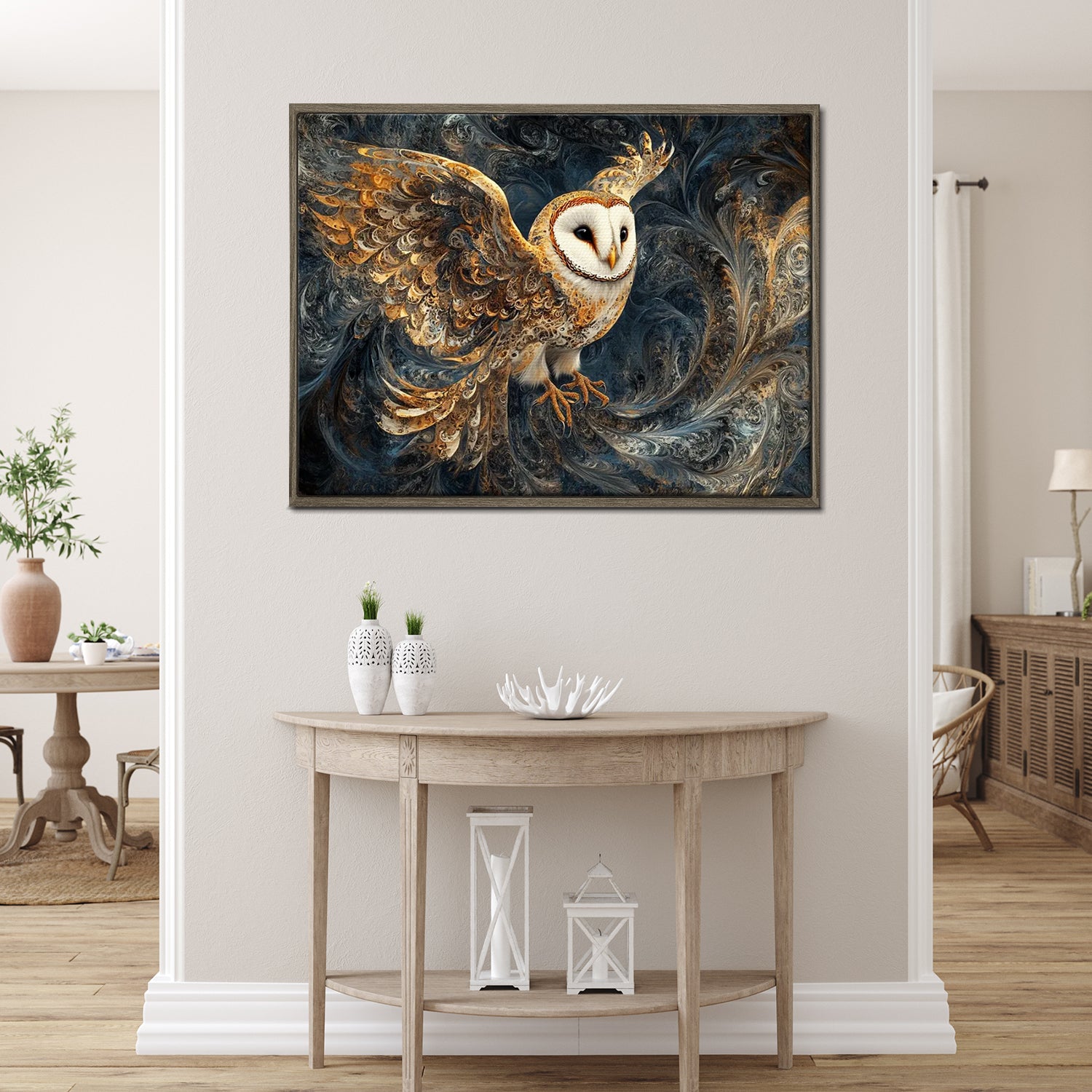 wall art print flying owl black frame living room painting