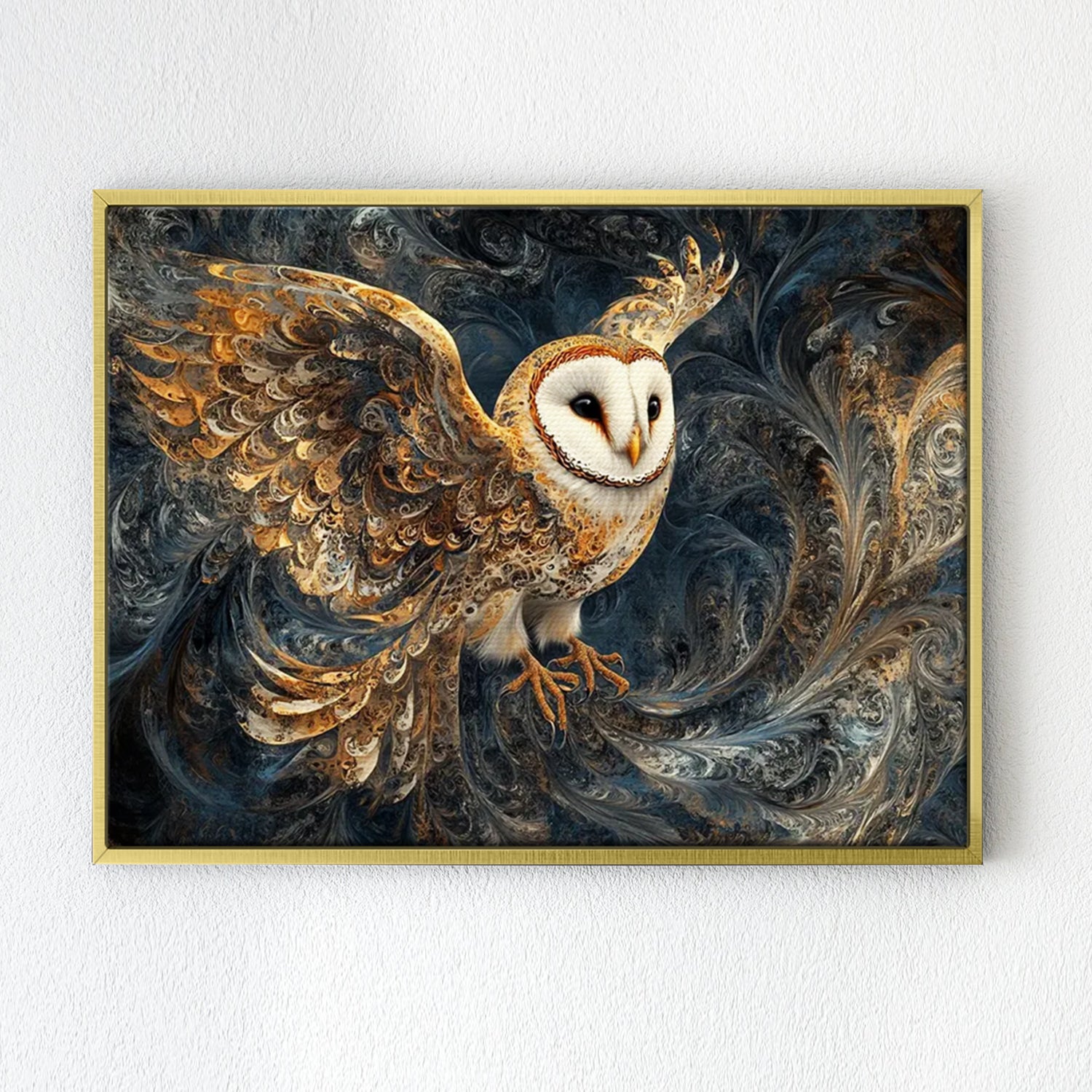 wall art print flying owl gold frame