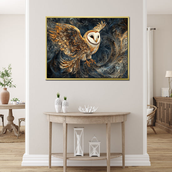 wall art print flying owl gold frame living room painting