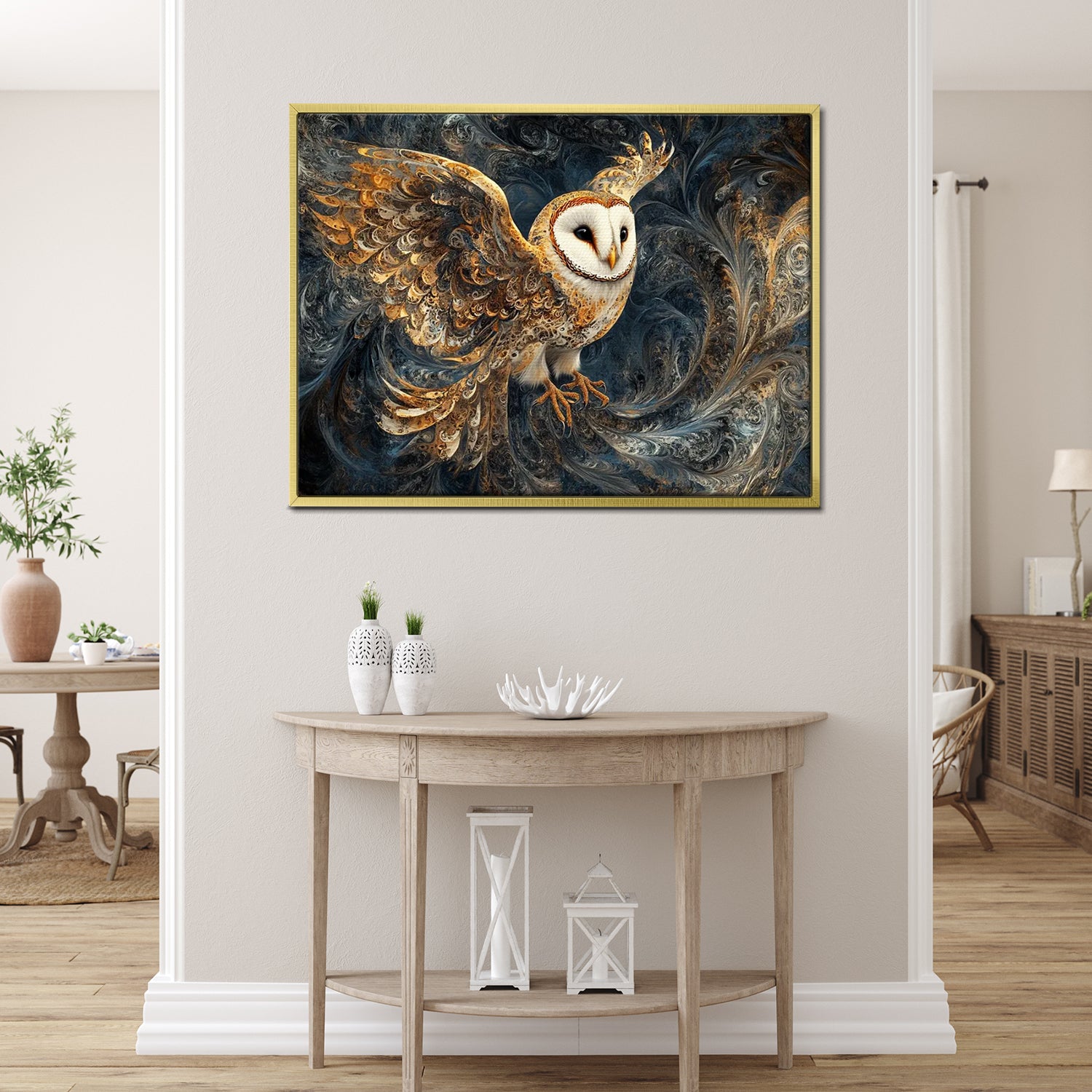 wall art print flying owl gold frame living room painting