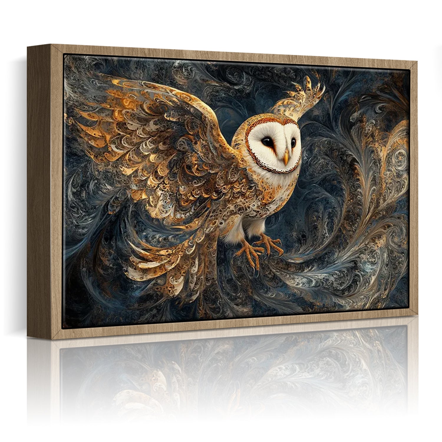 wall art print flying owl light oak frame