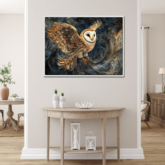 wall art print flying owl white frame ,living room decor