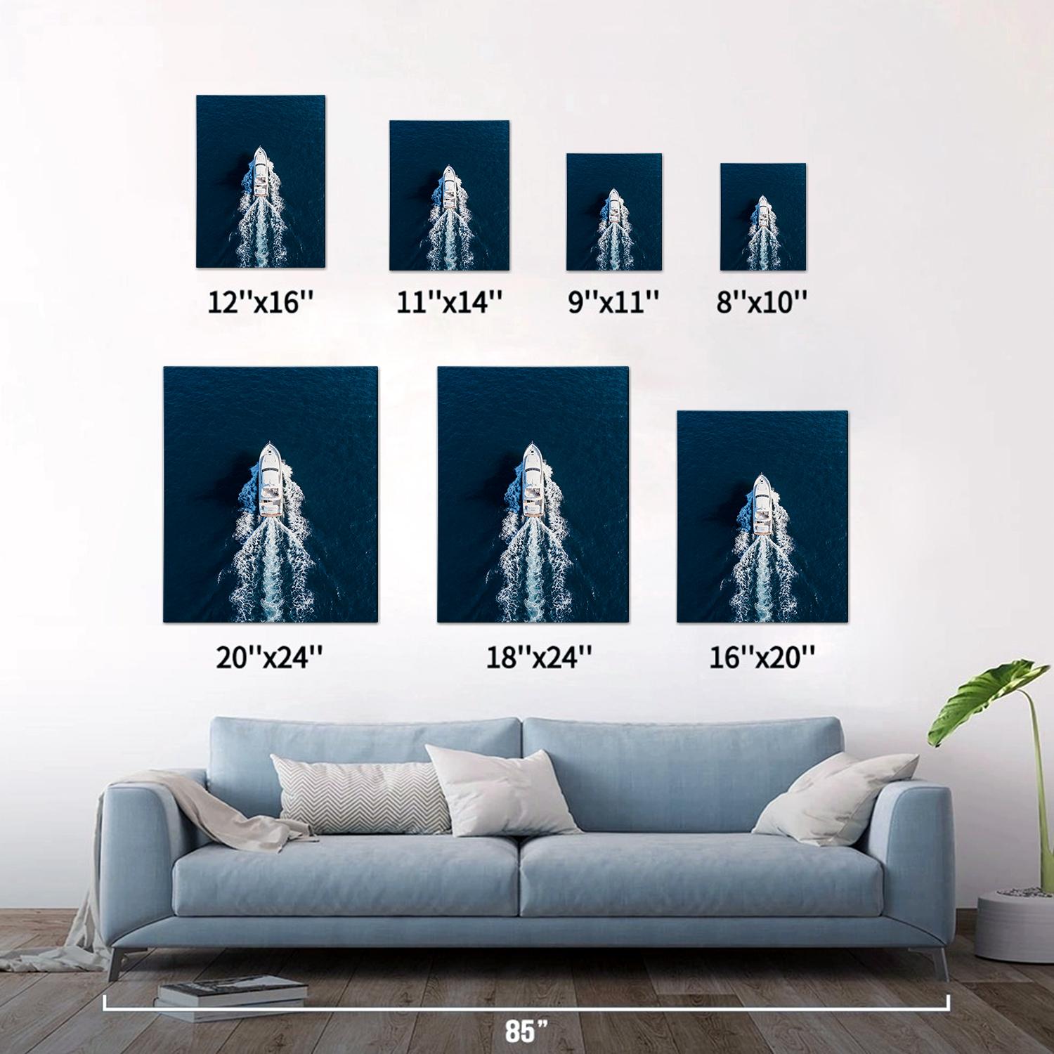 different size wall art canvas depicts a white yacht sails on the deep blue sea