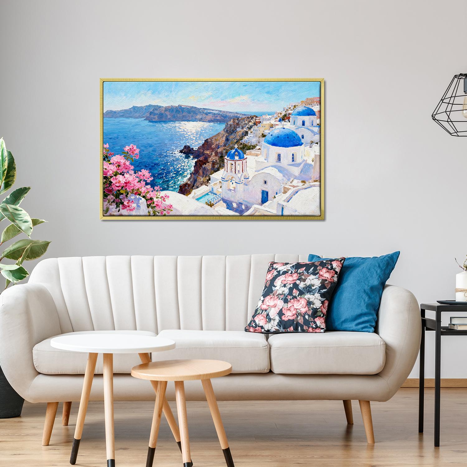 gold frame wall art canvas santorini scenery