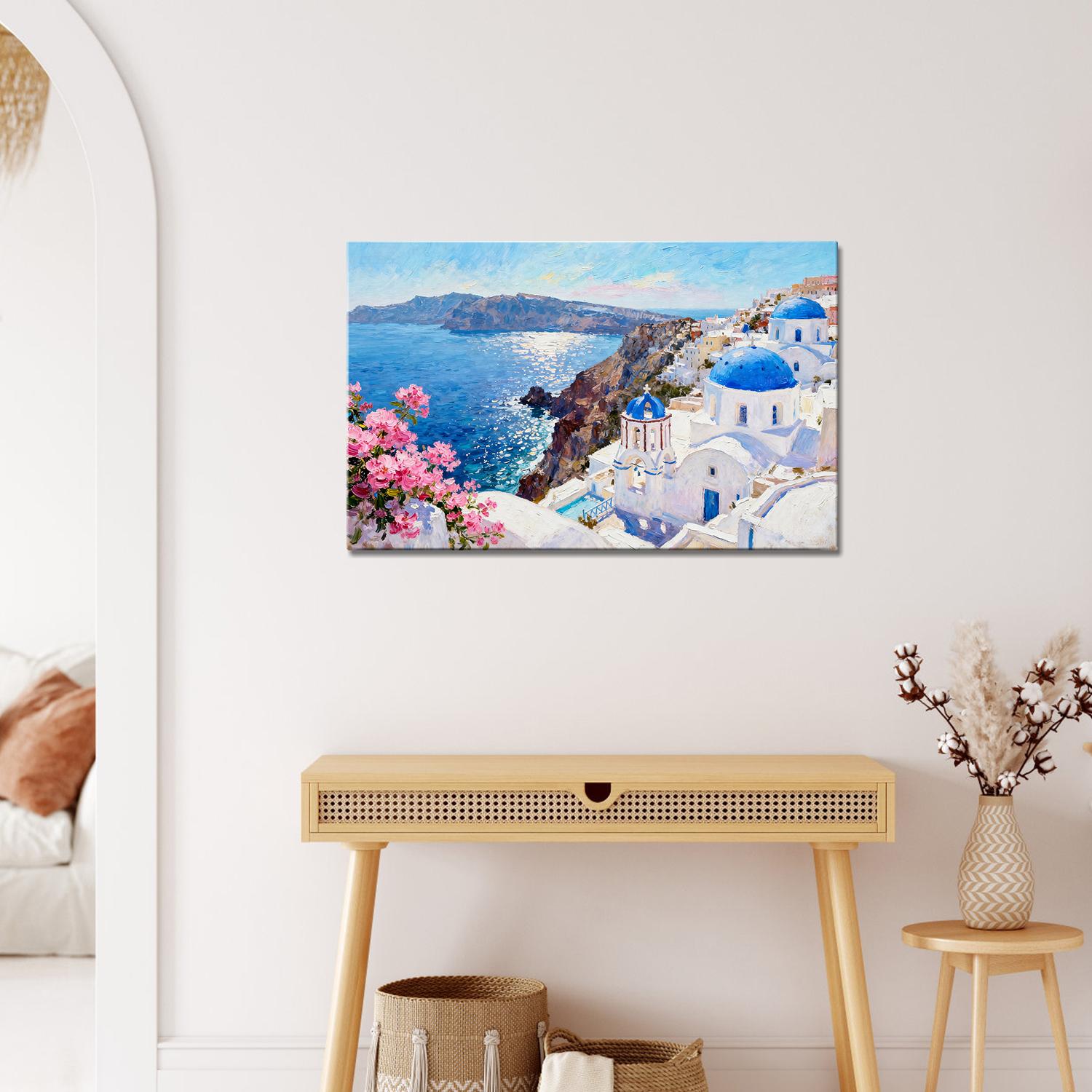 wall art canvas hang on the wall depicts santorini scenery