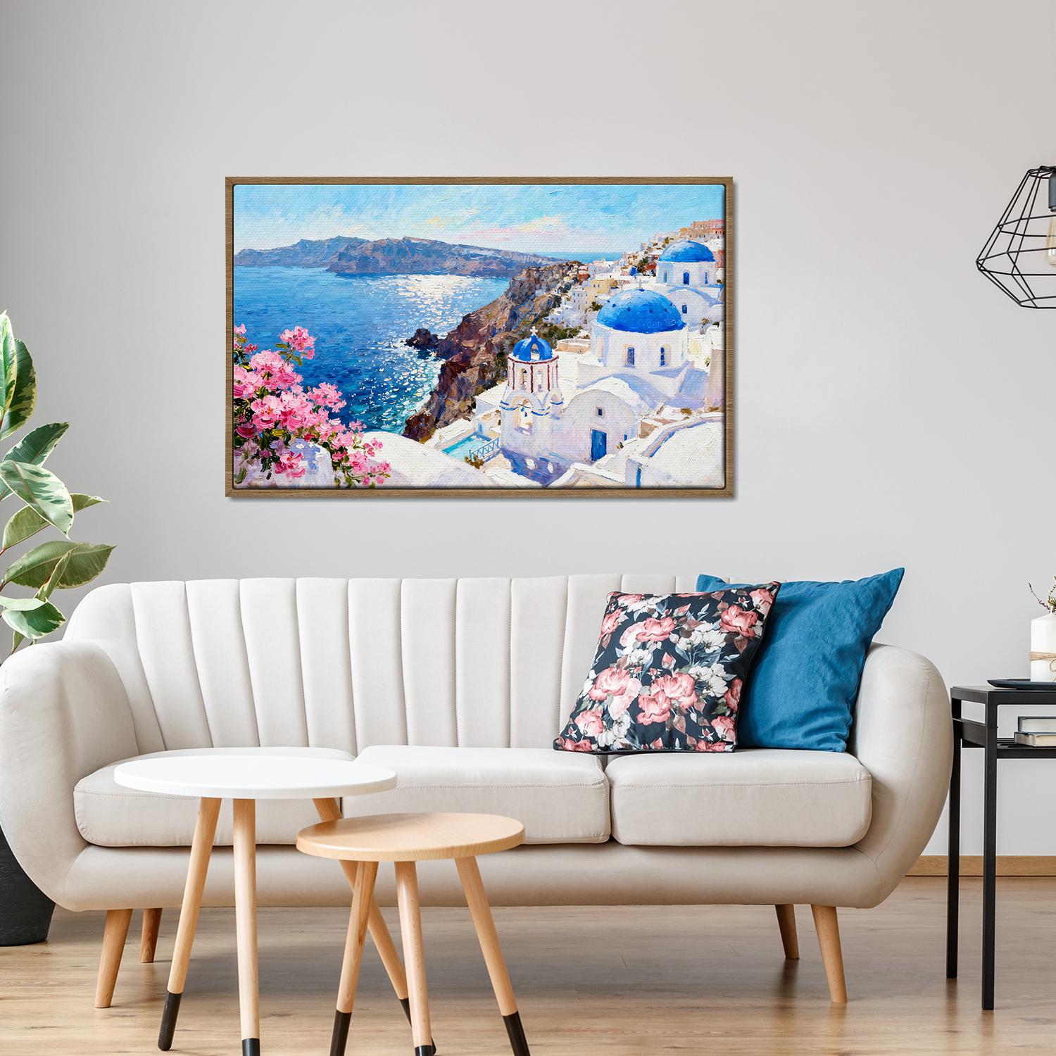 light oak color frame wall art canvas santorini scenery
