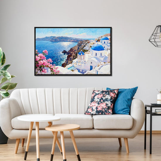 black frame wall art canvas santorini scenery