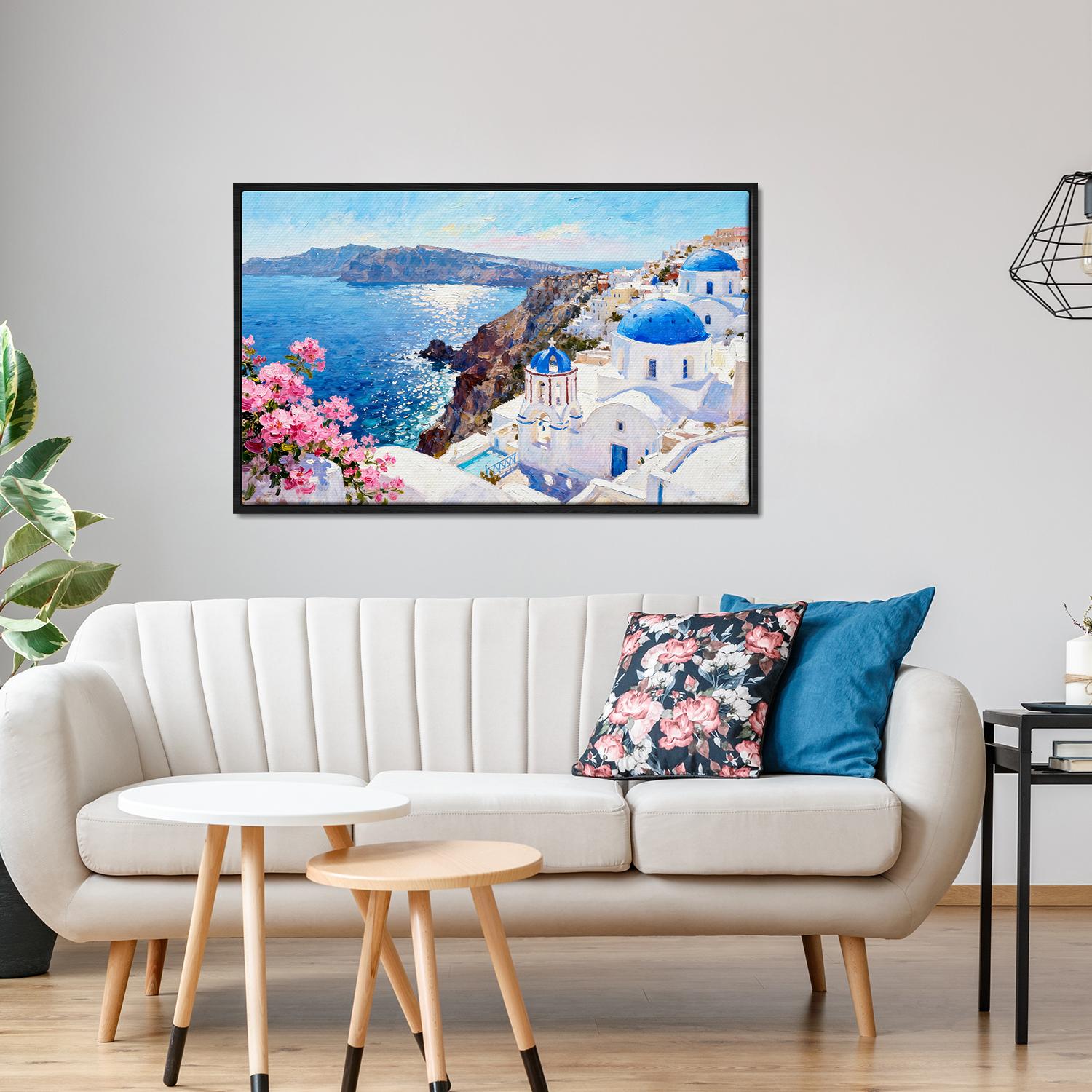 black frame wall art canvas santorini scenery