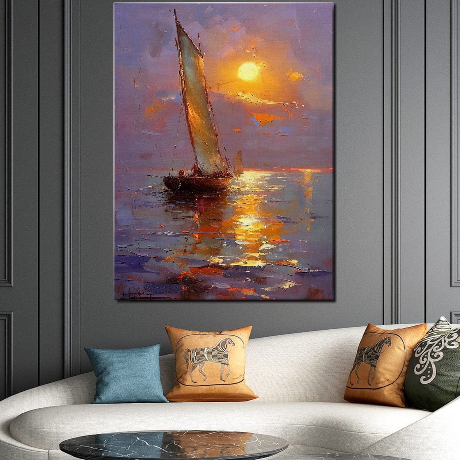 sea sailing boat wall art painting in the living room