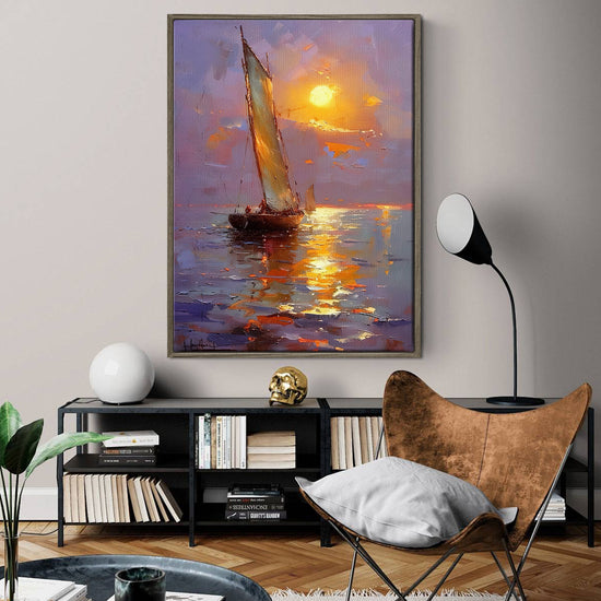 coffee frame sailboat on the sea at sunset canvas print,hanging in the living room