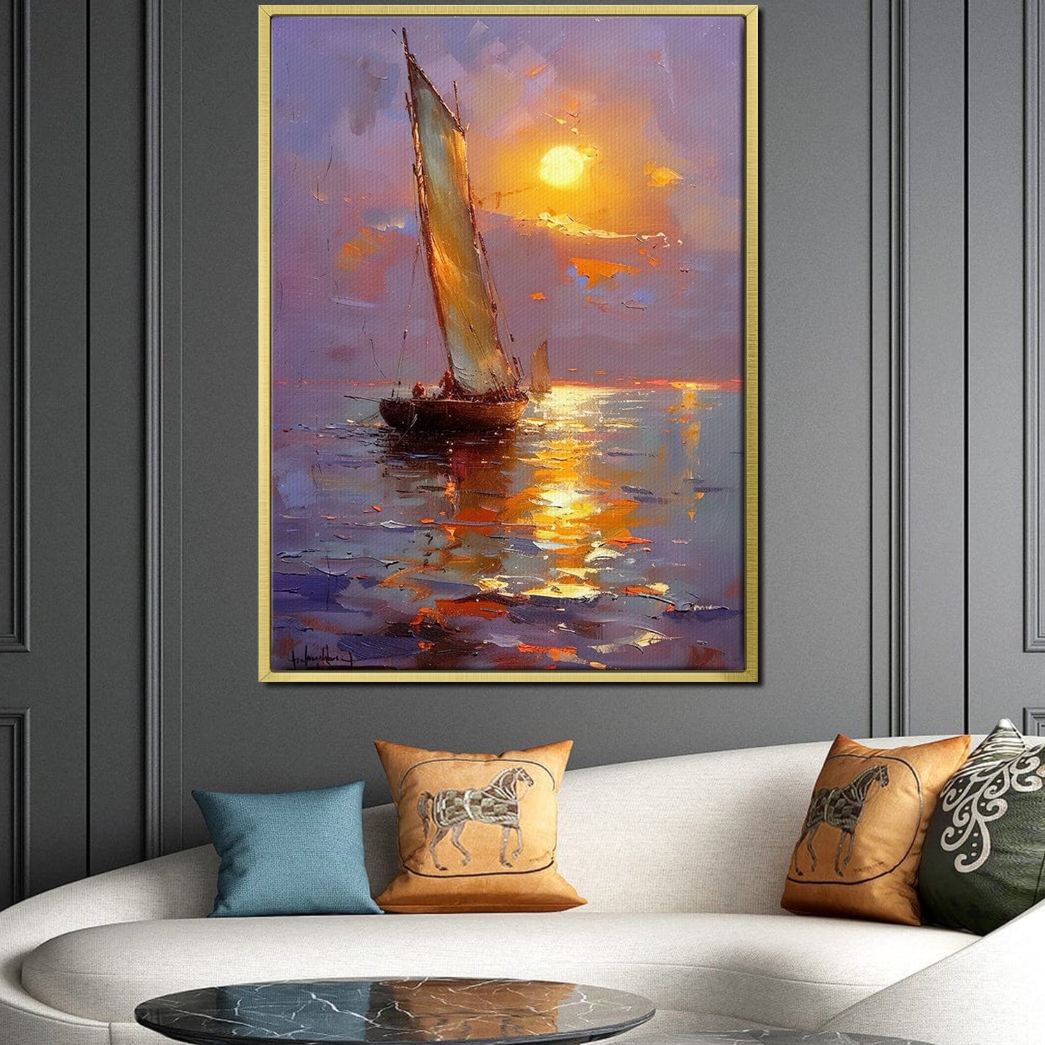 gold frame sailboat on the sea at sunset canvas print