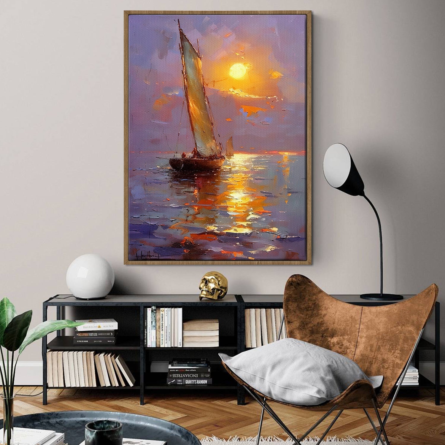 light oak color frame sailboat on the sea at sunset canvas print,hanging in the living room
