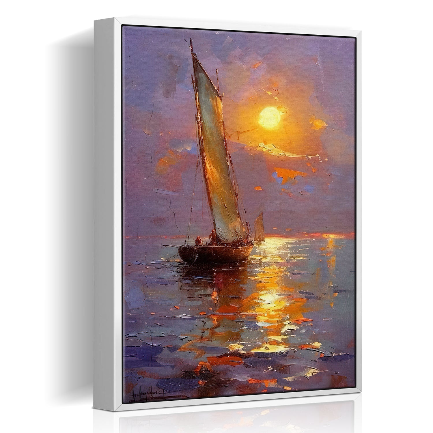 white frame wall art canvas sailboat on the sea at sunset