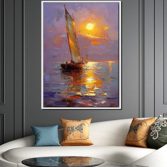 white frame art painting sailboat on the sea at sunset,in the living room