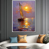 white frame art painting sailboat on the sea at sunset,in the living room