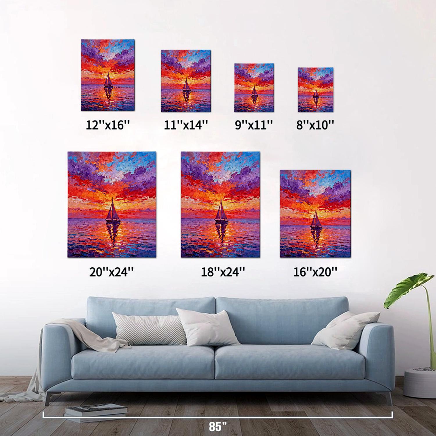 different size wall art painting depicts the beautiful scenery of a sailboat sailing on the sea dyed by the gorgeous sunset.