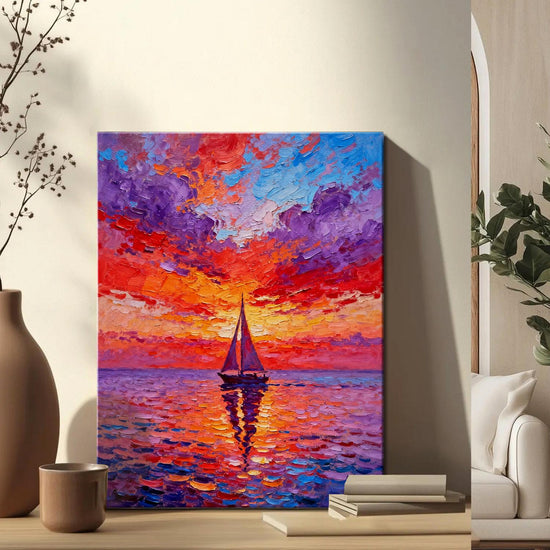 wall art painting on the table depicts the beautiful scenery of a sailboat sailing on the sea dyed by the gorgeous sunset.