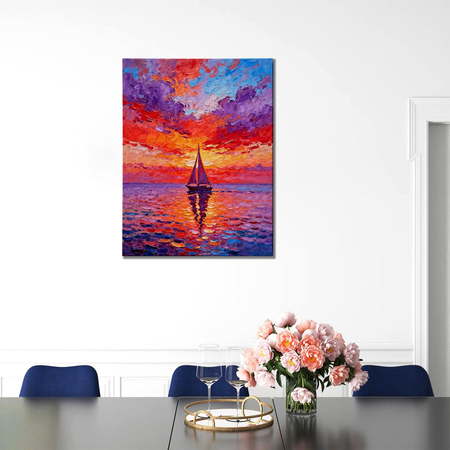 wall art painting depicts the beautiful scenery of a sailboat sailing on the sea dyed by the gorgeous sunset.