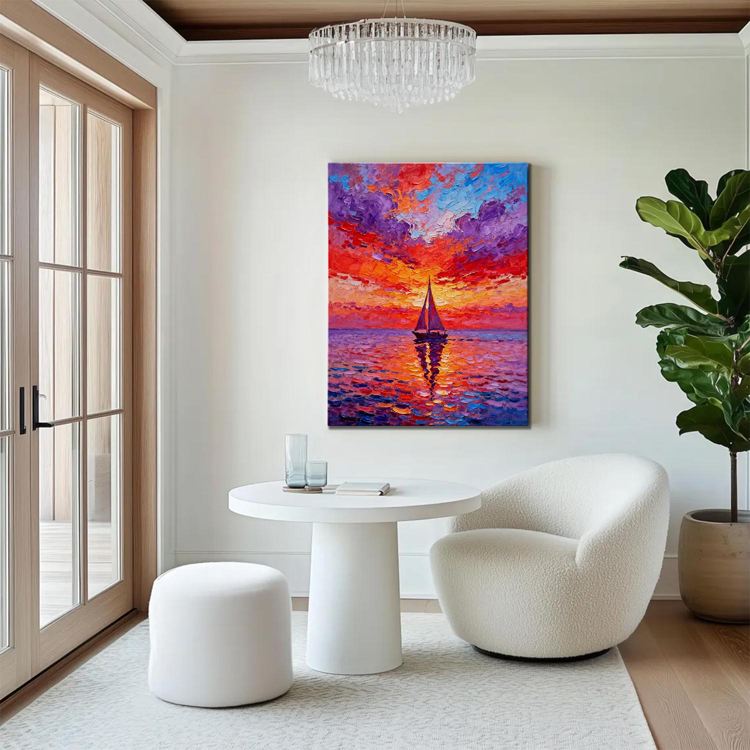 wall art painting in the living room depicts the beautiful scenery of a sailboat sailing on the sea dyed by the gorgeous sunset.