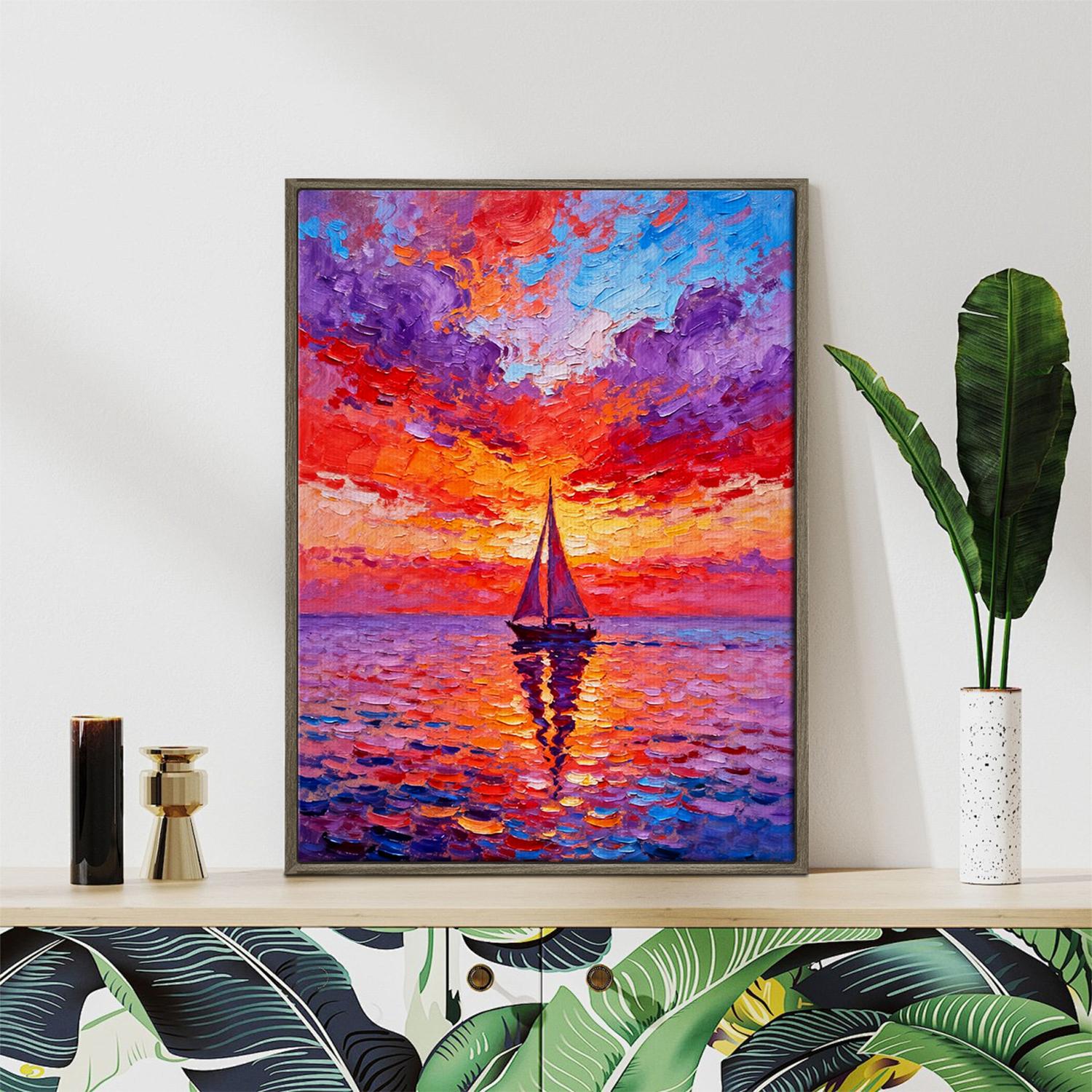 coffee frame wall art painting depicts the beautiful scenery of a sailboat sailing on the sea dyed by the gorgeous sunset.