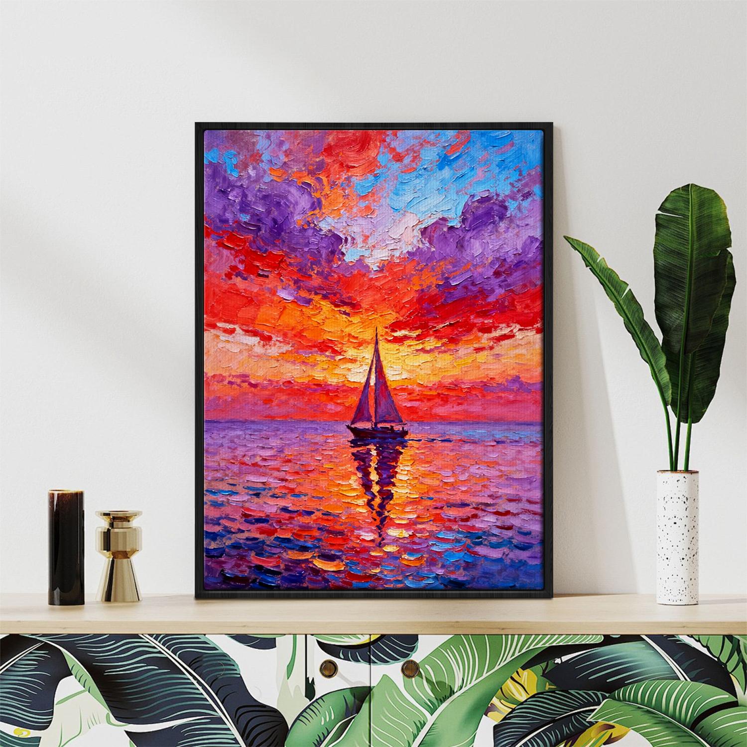 black frame wall art painting depicts the beautiful scenery of a sailboat sailing on the sea dyed by the gorgeous sunset.