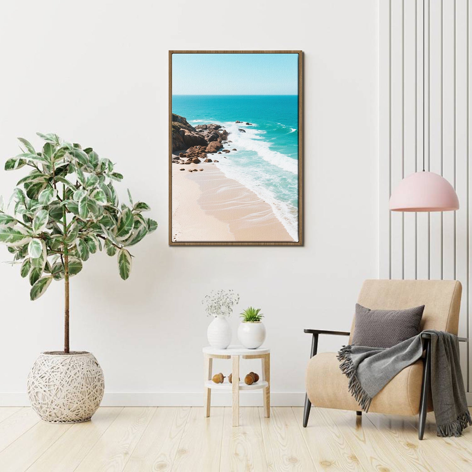 light oak color frame wall art canvas seashore waves landscape