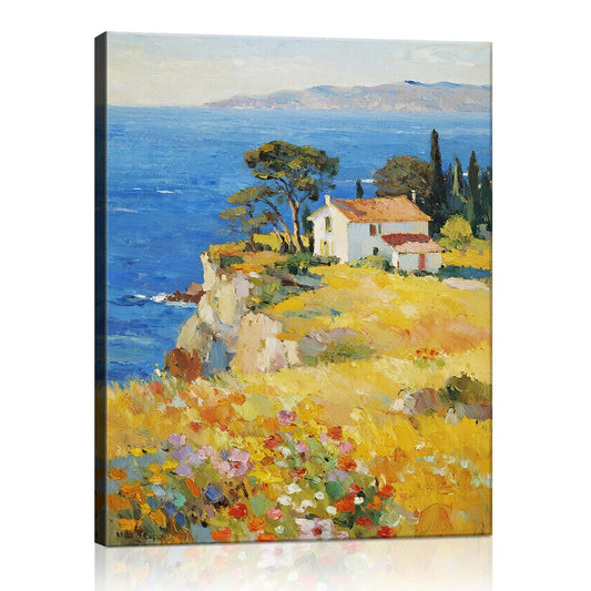 wall art painting depicting a cliffside cottage by the sea