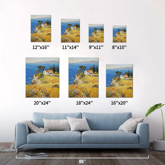 different size wall art painting depicting a cliffside cottage by the sea