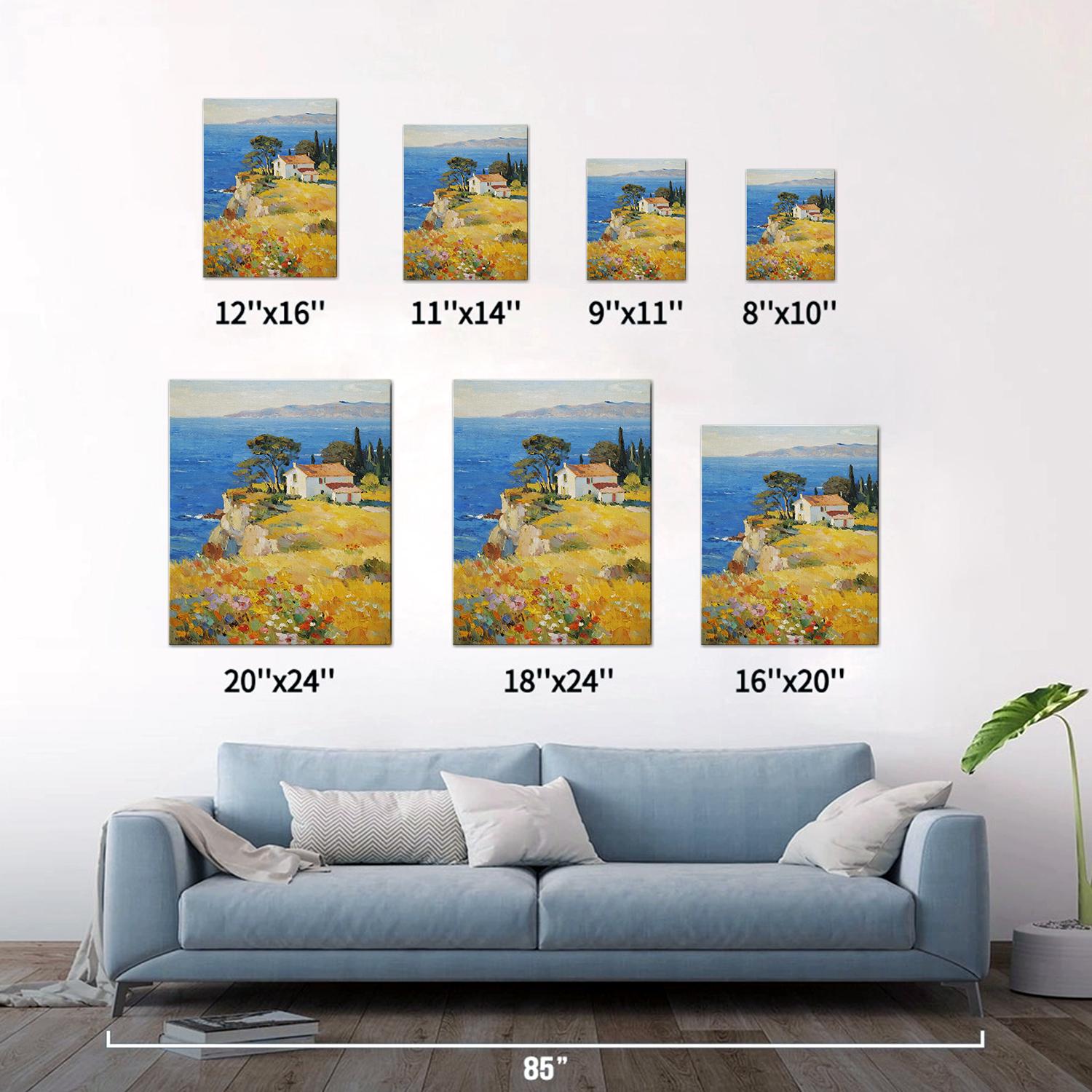 different size wall art painting depicting a cliffside cottage by the sea