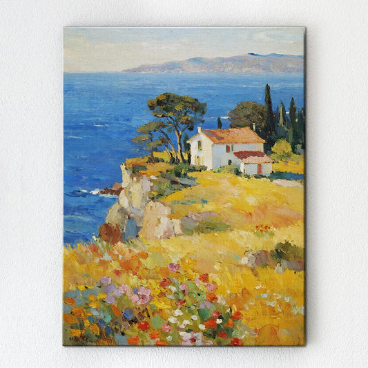 wall art painting depicting a cliffside cottage by the sea