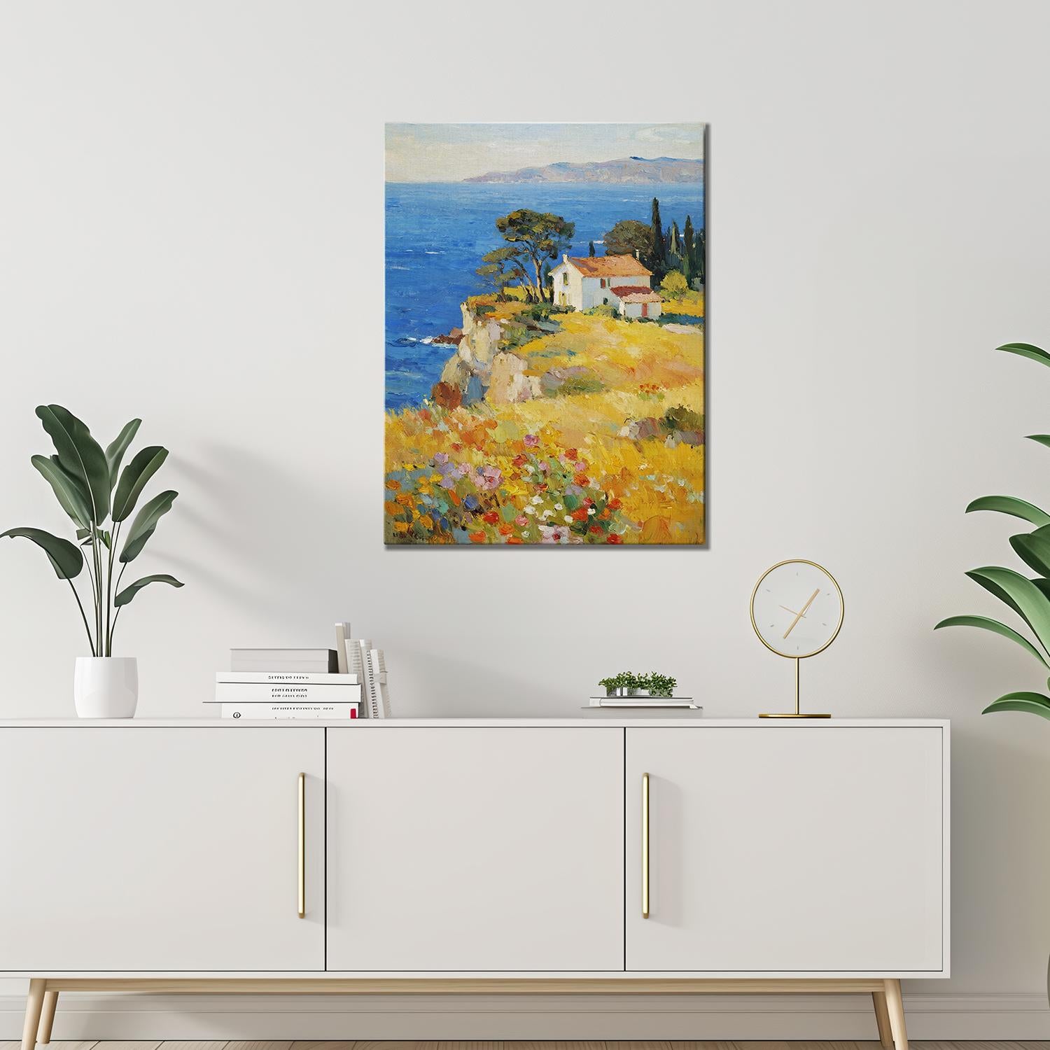wall art painting hang on the wall depicting a cliffside cottage by the sea