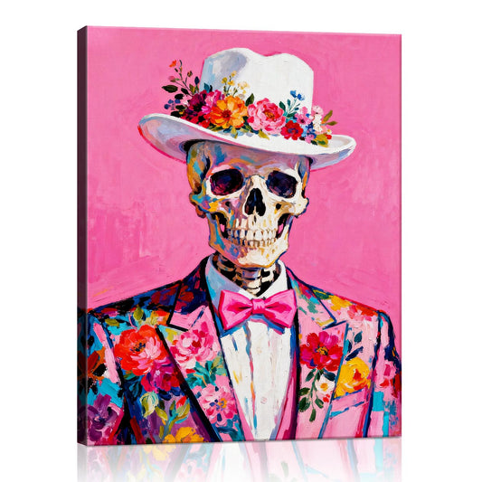art canvas depicts skeleton in a suit