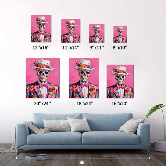 different size wall art canvas depicts skeleton in a suit