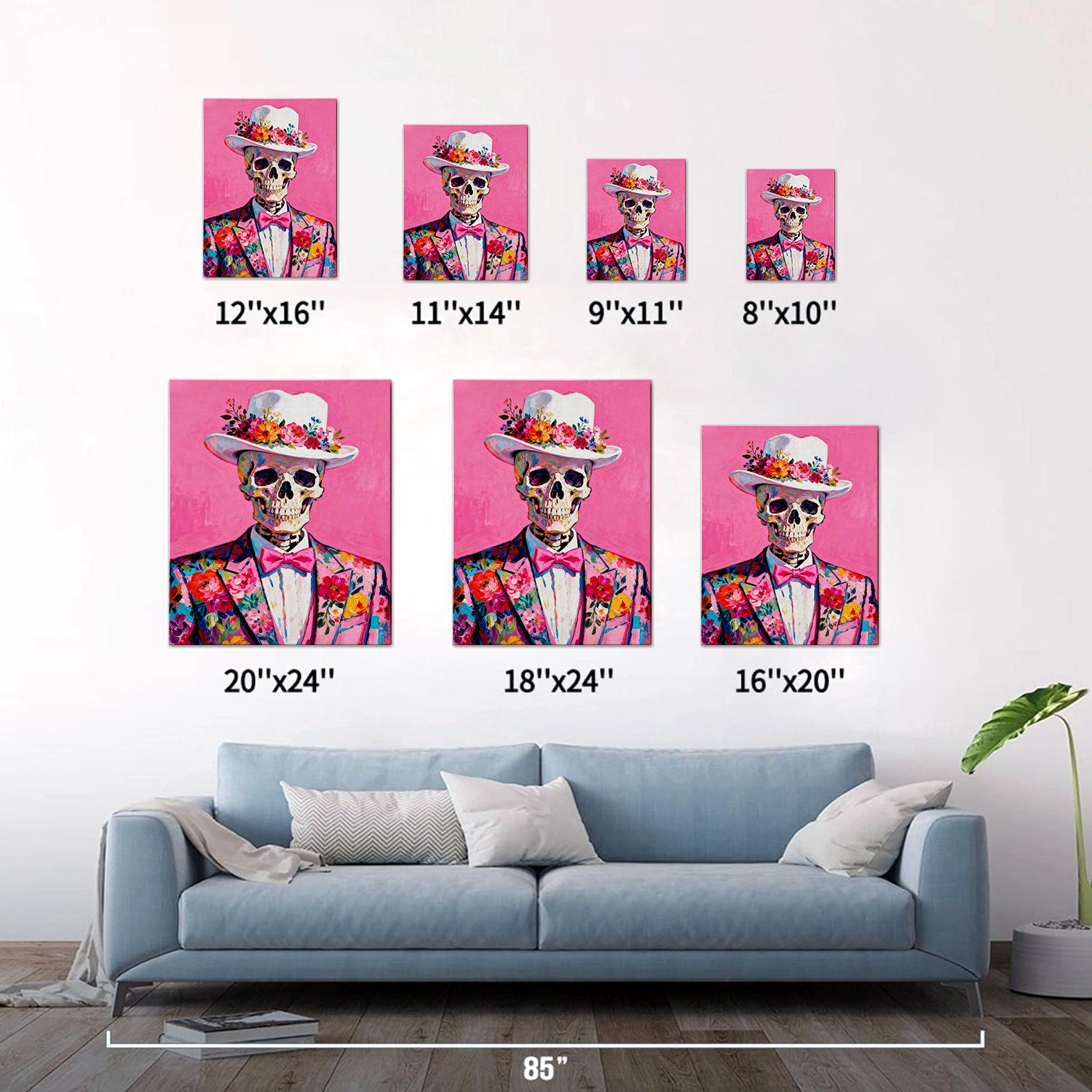different size wall art canvas depicts skeleton in a suit