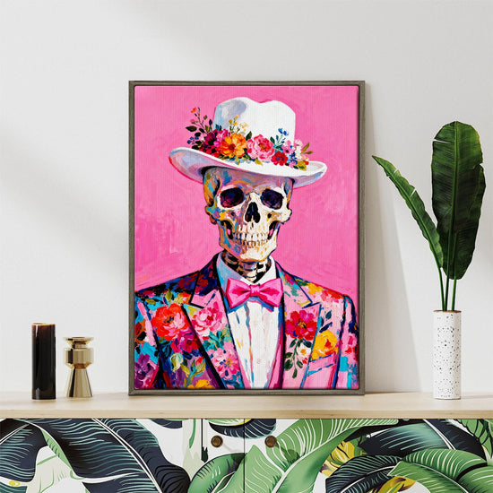 coffee frame wall art canvas depicts skeleton in a suit