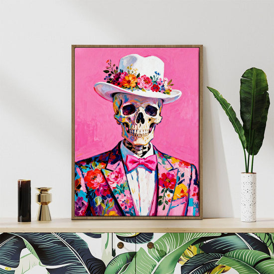 light oak color frame wall art canvas depicts skeleton in a suit